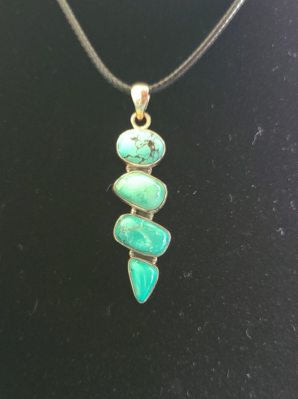 Turquoise Stone Pendant Necklace On Black Cord - Picture 2 of 7